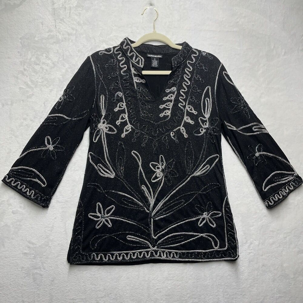 Lauren Michelle Blouse Women’s M Black Silver Floral Ribbon Embroidered Boho Top